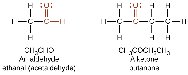 There are two structures drawn. The first structure is labeled C H subscript 3 C H O. It is also labeled, “An aldehyde,” and “ethanal (acetaldehyde).” This structure has a C atom to which 3 H atoms are bonded above, below, and to the left. In red to the right of this C atom, a C atom is attached which has an O atom double bonded above and an H atom bonded to the right. The O atom as two sets of electron dots. The second structure is labeled C H subscript 3 C O C H subscript 2 C H subscript 3. It is also labeled, “A ketone,” and “butanone.” This structure has a C atom to which 3 H atoms are bonded above, below, and to the left. To the right of this in red is a C atom to which an O atom is double bonded above. The O atom has two sets of electron dots. Attached to the right of this red C atom in black is a two carbon atom chain with H atoms attached above, below, and to the right.